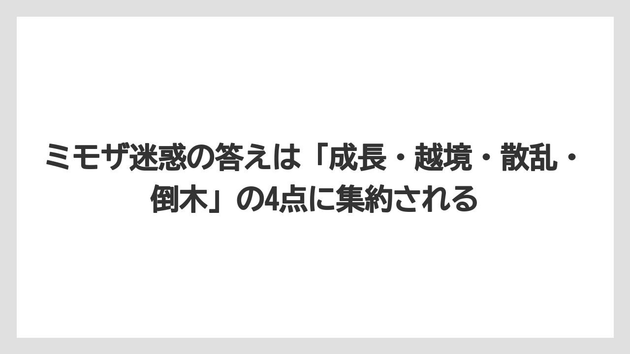 ミモザ迷惑の答えは「成長・越境・散乱・倒木」の4点に集約される